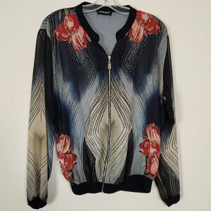 Kingsland Women's Lightweight Bomber Jacket Sz M Navy Floral Embellished Vintage